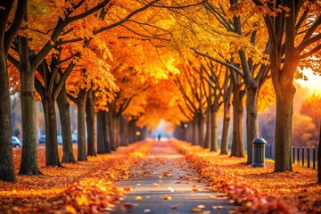 Fototapeta premium Serene Tree-Lined Sidewalk Blanketed in Vibrant Orange and Yellow Autumn Leaves Creates a Picturesque Fall Scene with Gentle Bokeh Effect for Nature Lovers and Photographers