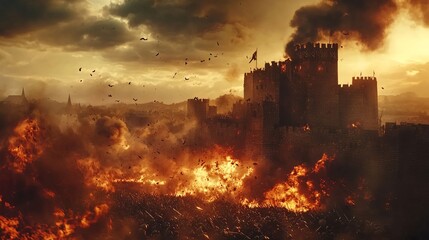 knight in full armor, brandishing his sword and surrounded by other knights engaged in combat against an army of medieval soldiers amidst the ruins of a burning castle.