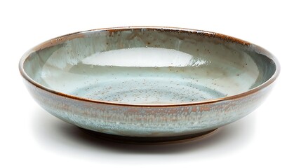 A shallow ceramic bowl with a glossy finish and subtle color variations, suitable for serving food or decorative use.