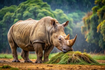 Fototapeta premium Southern White Rhinoceros Chewing Hay in Rainy Weather - Urban Exploration Photography of Wildlife in Natural Habitat
