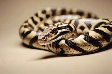 A close-up of a coiled snake with distinctive black and yellow patterns.