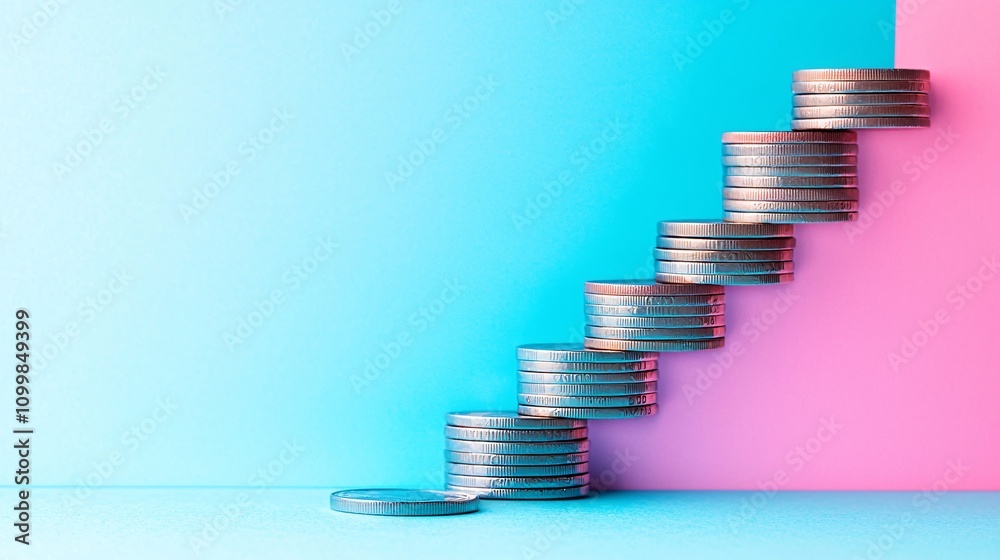 Poster A symbolic image of stairs labeled small savings medium savings and emergency fund with coins placed on each step Stock Photo with side copy space