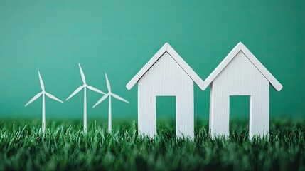 A minimalist representation of homes and wind turbines on green grass, symbolizing sustainability and renewable energy.
