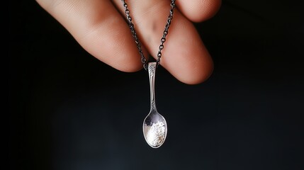 Fototapeta premium Tiny silver spoon necklace with white powder in it --ar 16:9 --v 6.1 Job ID: 0d248d4b-a974-4851-b1b8-d7c4283dbcfb