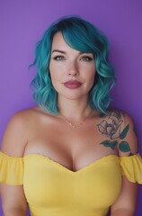 Fototapeta premium A woman with blue hair and a tattoo on her arm is wearing a yellow dress