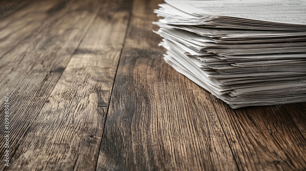 Poster A stack of documents including bank statements and savings plans on a neat wooden table Stock Photo with side copy space