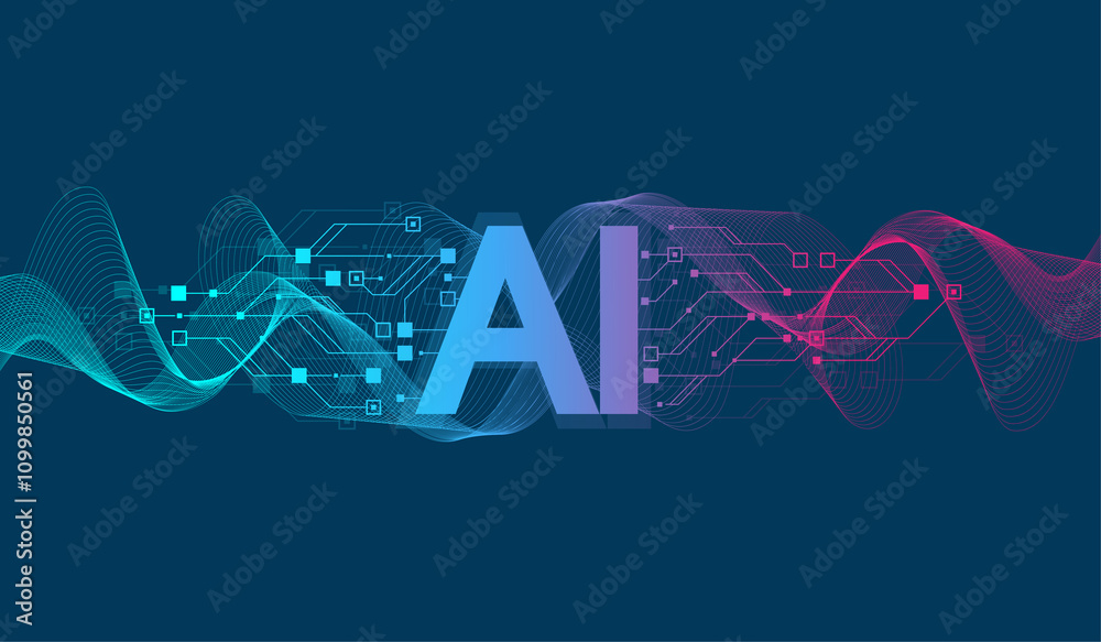 Poster Artificial Intelligence or machine learning illustration design. Quantum computer technology concept with circuit board and motherboard texture background design. Waves flow quantum explosion