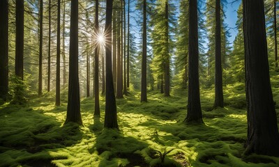 Obraz premium Healthy green trees in a forest of old spruce, fir and pine