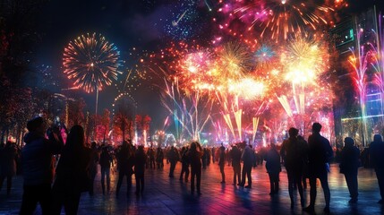 Obraz premium Nighttime Crowd Watching Vibrant Fireworks Display