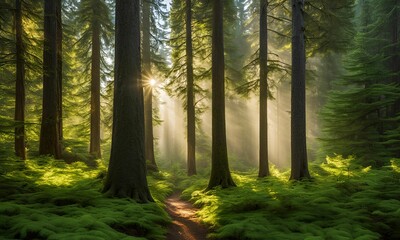 Fototapeta premium Healthy green trees in a forest of old spruce, fir and pine