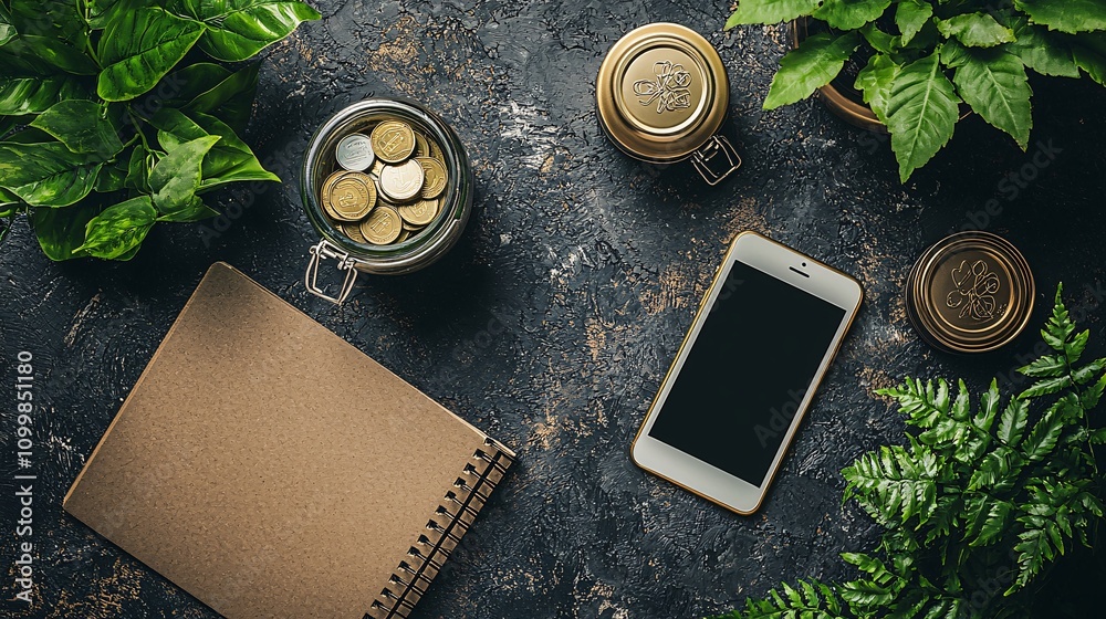 Poster A minimalistic flat lay of a savings jar notebook and smartphone with a budgeting app open Stock Photo with side copy space