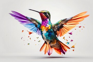 Fototapeta premium A vibrant hummingbird with colorful wings, surrounded by splashes of color.