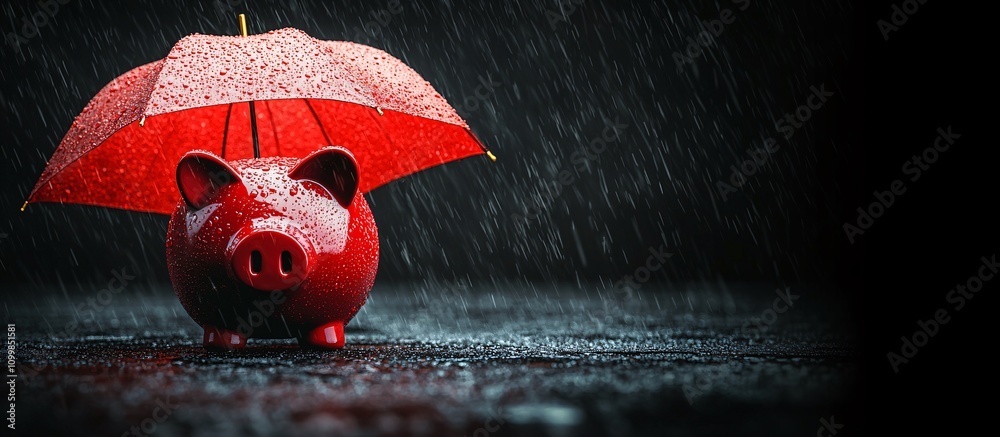 Poster a symbolic image of a piggy bank with an umbrella representing financial security stock photo with s
