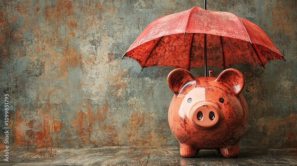 Poster a symbolic image of a piggy bank with an umbrella representing financial security stock photo with s