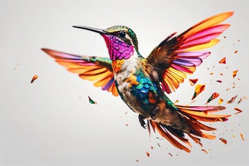A vibrant hummingbird in flight, showcasing colorful feathers and dynamic motion.