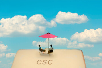 Illustration of couple sitting under parasol on oversized escape key
