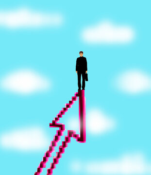 Illustration of businessman standing on arrow under cloudy sky