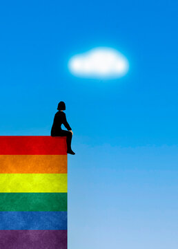 Illustration imagination of woman sitting on LGBTQ flag under sky