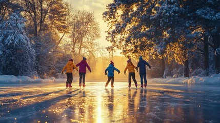 Fototapeta premium Family ice skating at sunset in a snowy park