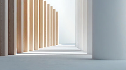 Fototapeta premium modern architectural space with tall wooden columns and soft natural light creates serene atmosphere.