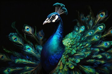 Fototapeta premium A vibrant peacock displays its colorful feathers against a dark background.