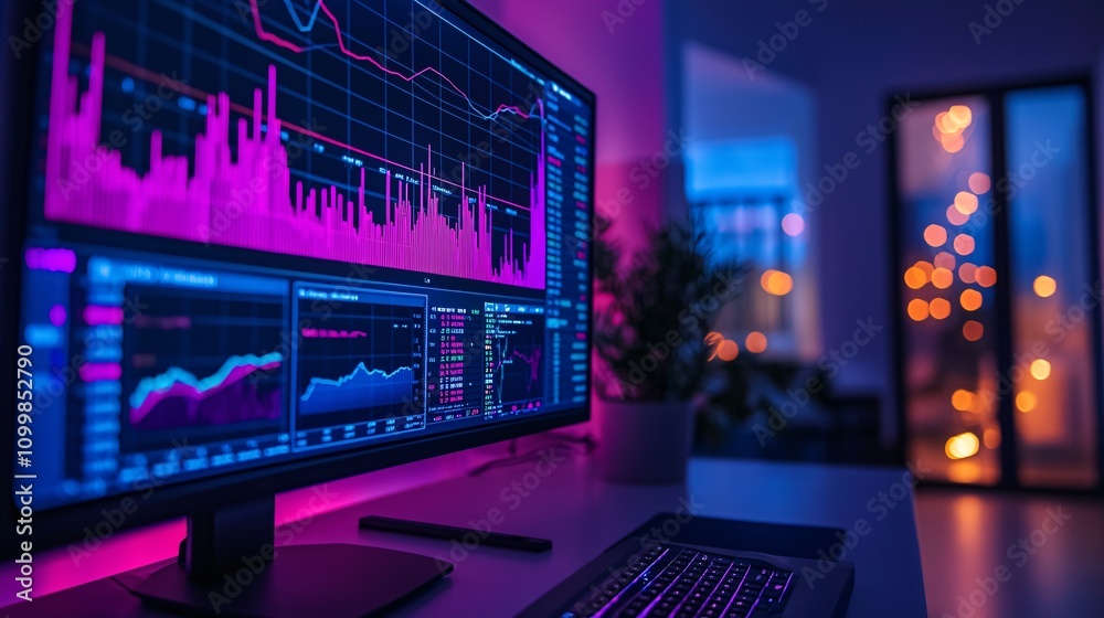 Poster A dynamic financial chart displayed on a large monitor during a home financial planning session Stock Photo with side copy space