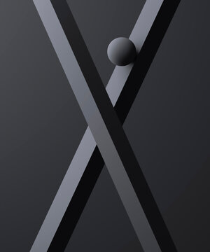 3D rendering of gray colored abstract alphabet X with moving sphere