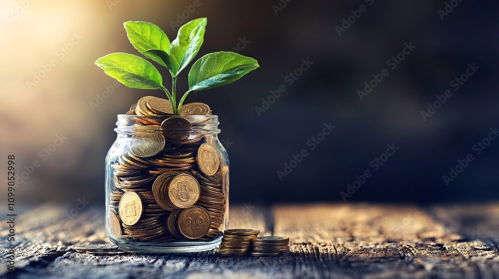 Poster A symbolic representation of growing wealth using a plant pot filled with coins and notes Stock Photo with side copy space