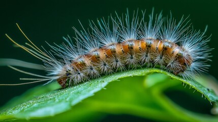 Fototapeta premium Close-up of a hairy caterpillar on a green leaf.