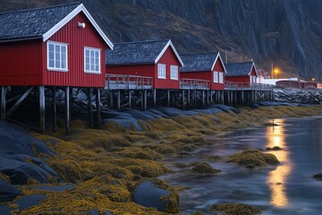 A row of red houses are on stilts next to a body of water