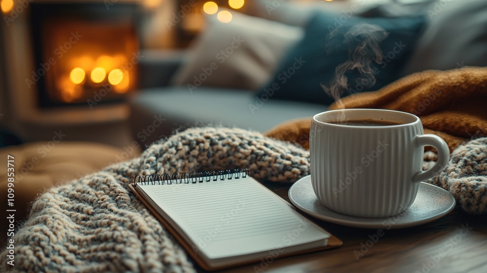 Poster a calm home environment with a focus on an open planner titled future savings stock photo with side 