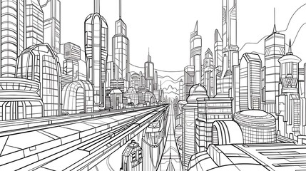 Fototapeta premium A futuristic cityscape illustration featuring sleek skyscrapers, advanced transport systems, and a vibrant urban environment.