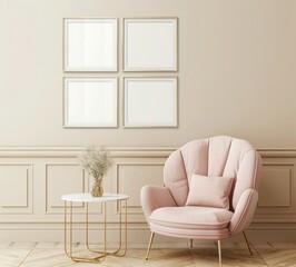 A pink velvet armchair with gold legs sits in a modern living room There is a coffee table with a vase of dried flowers and a stack of books The wall is a pale pink with four square frames