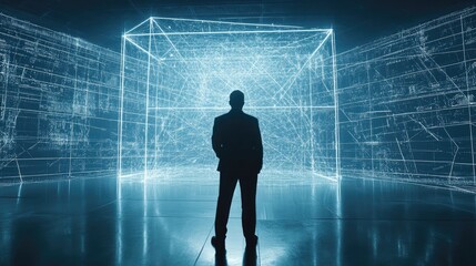 Executive in Front of Glowing Cybersecurity Display