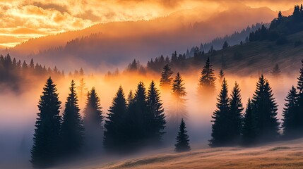 Misty Mountain Sunrise: A Breathtaking View of Pine Trees and Golden Light