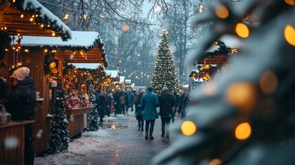 Obraz premium Christmas market scene, festive holiday lights, winter wonderland, outdoor holiday evening, snowy festive atmosphere