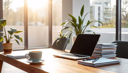 Fototapeta premium modern workspace with a sleek wooden desk, laptop and coffee cup on desk, minimalist office setup with ergonomic chair and stylish decor