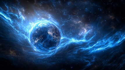 Obraz premium Earth in the universe, gradient 3D blue technological curves, blue background, blue earth background.