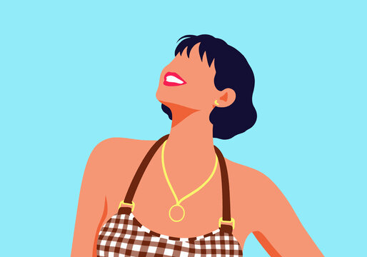 Fashionable young woman wearing necklace against turquoise background