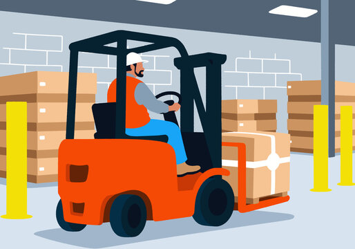 Manual worker operating forklift in a warehouse