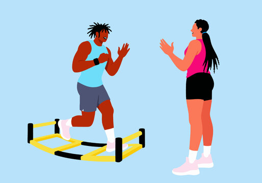 Young man exercising over drill with instructor against blue background