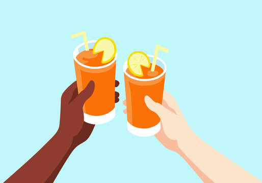 Cropped hands of friends toasting drinks against turquoise background