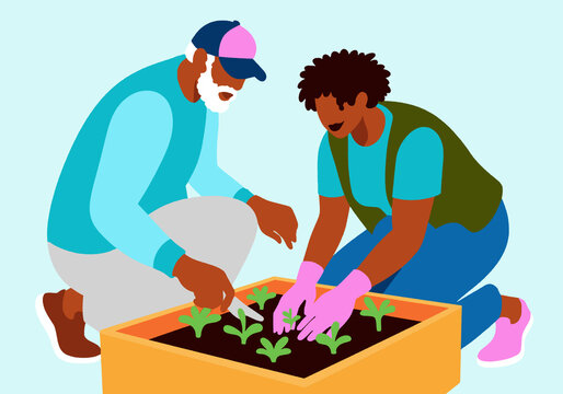 Men seeding plants in pot against blue background