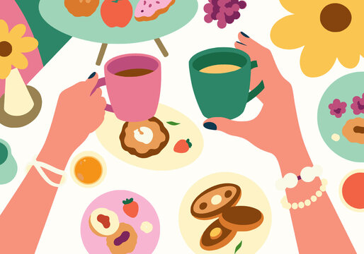 Cropped hands of friends holding coffee cups over colorful background