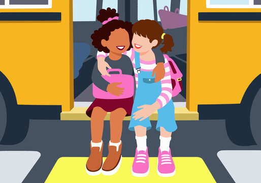 Schoolgirls sitting on bus entrance