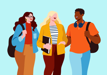 University friends talking and walking against blue background