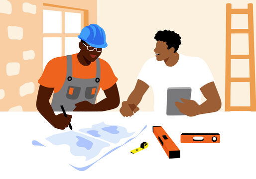 Workers discussing over blueprint in factory