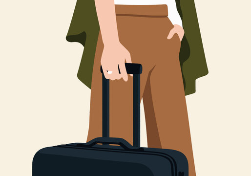Close-up of woman holding suitcase against peach background