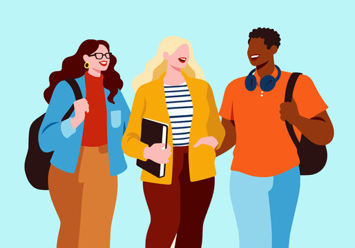 University friends talking and walking against blue background