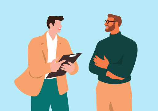 Business colleagues with clipboard talking against blue background